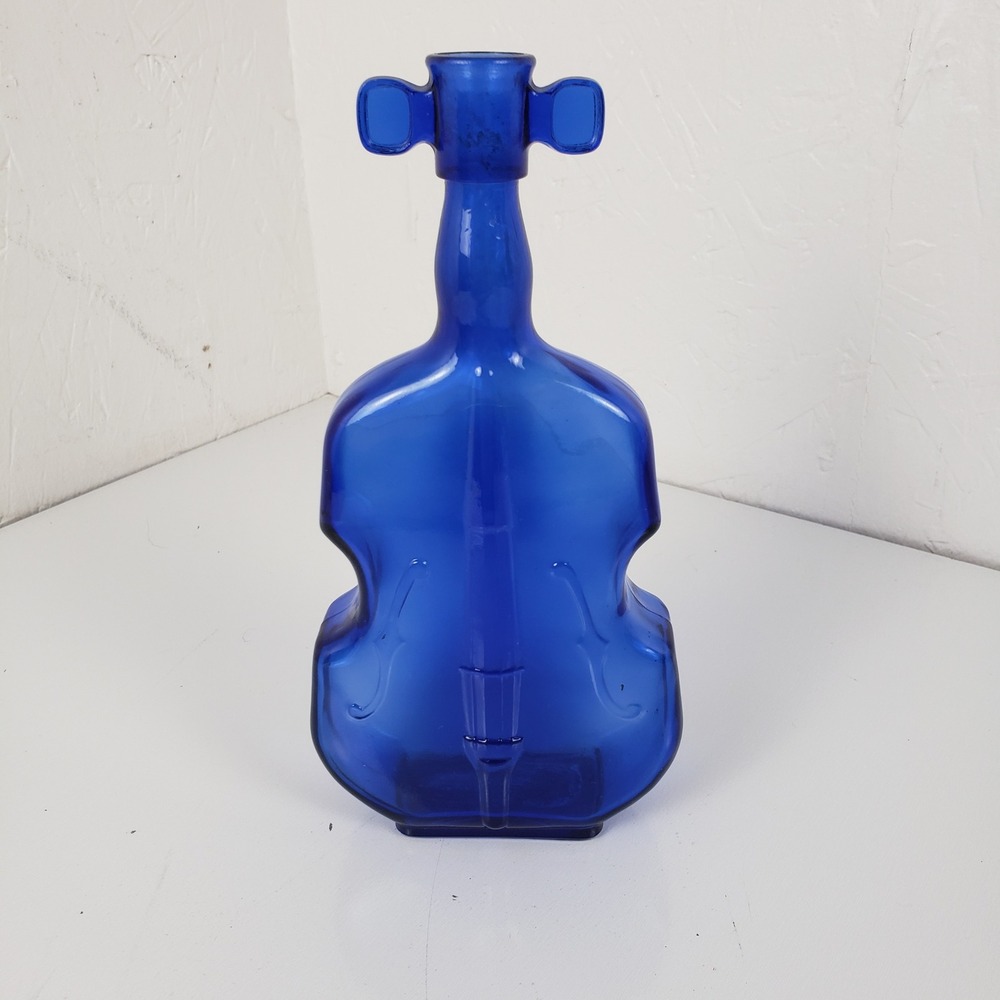 Vtg Cobalt Blue Glass Violin Bottle Musical‎ Instrument Decorative Bud Vase 8"